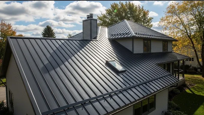 Dark standing-seam metal roof on a residential home